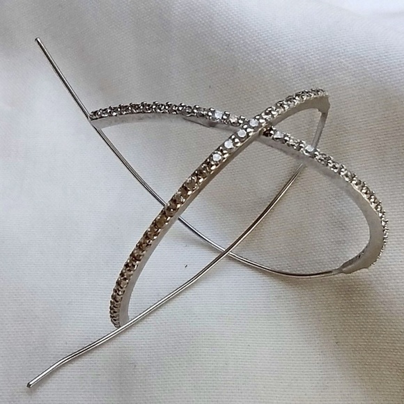 Silver Tone Super Skinny Lightweight Threader Hoop Earrings with CZ Accents - Picture 1 of 5